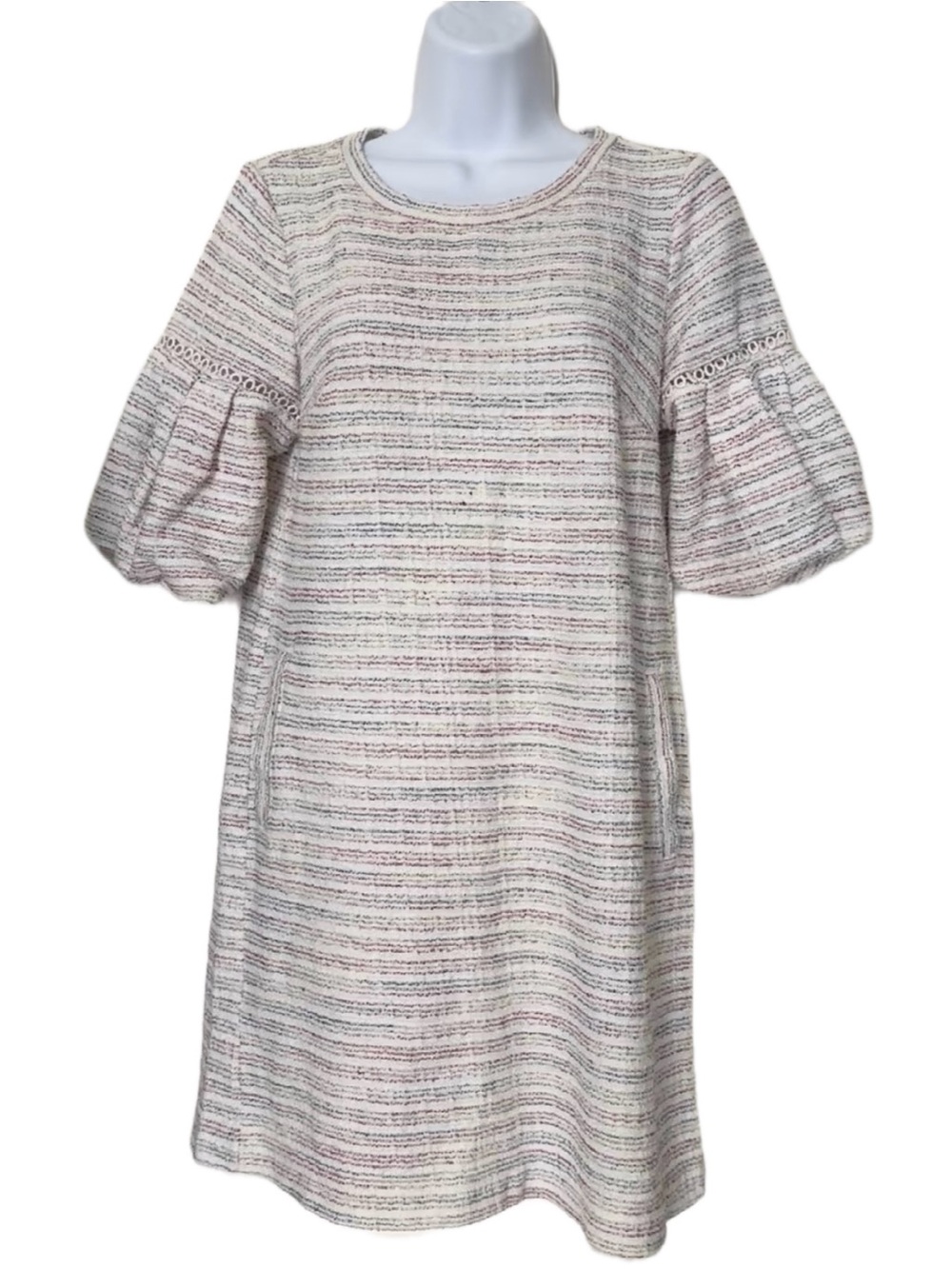 LOFT Cream Striped Scoop Neck Puff-Sleeve Mini Dress Size S